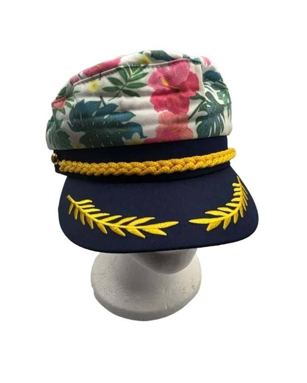 Floral Tropical Print Captain Hat Sailor Yacht Cap with Gold Embroidery
